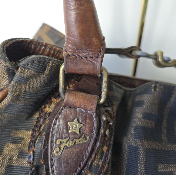 FENDI Zucca Etnico Handbag Tote Bag Nylon Canvas Leather Khaki Dark Brown - Picture 5 of 16